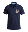 Navy blue polo shirt with a graphic design on a white background