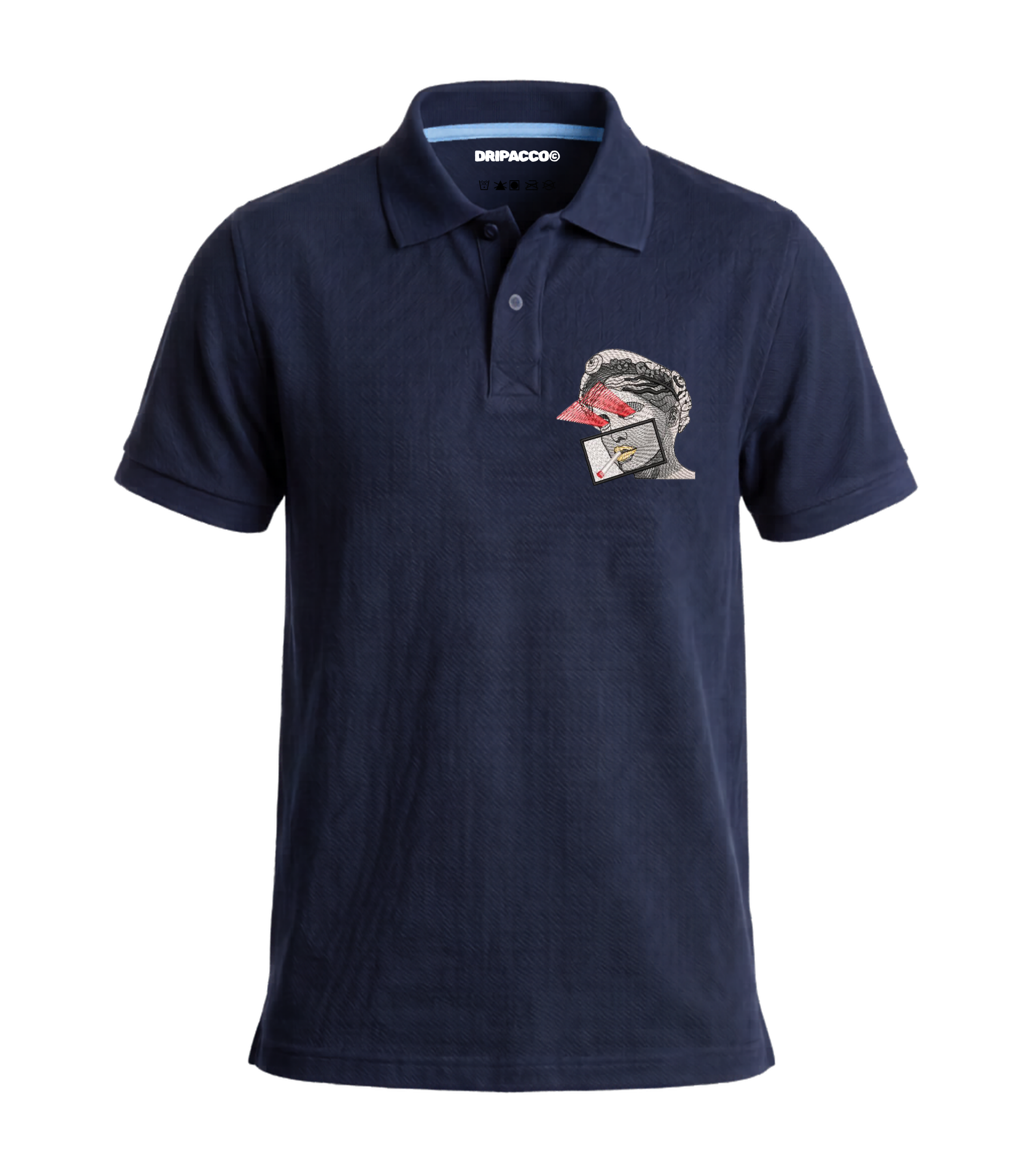 Navy blue polo shirt with a graphic design on a white background